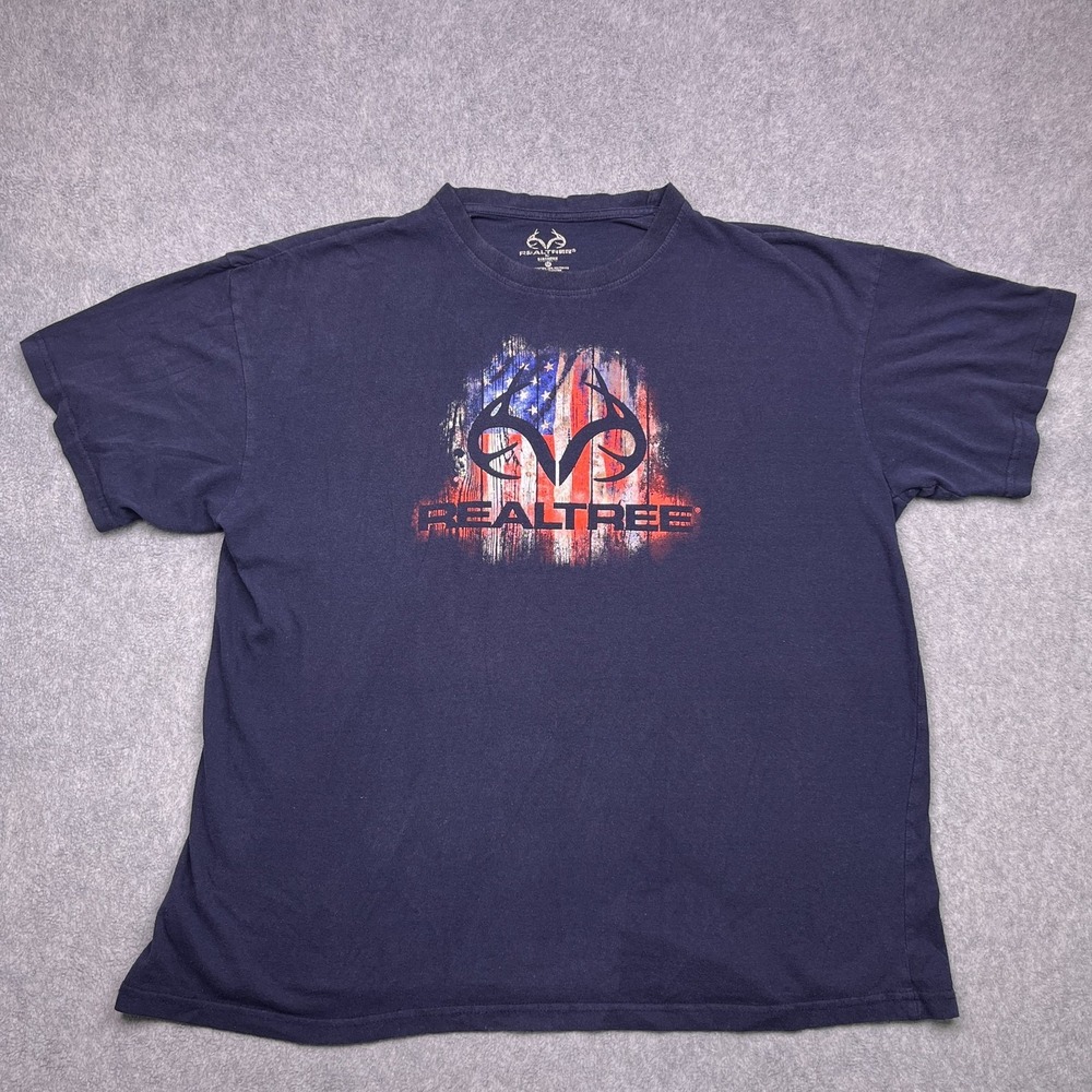 Realtree T-Shirt Mens 2XL Blue Staghorn American Flag Short Sleeve Graphic